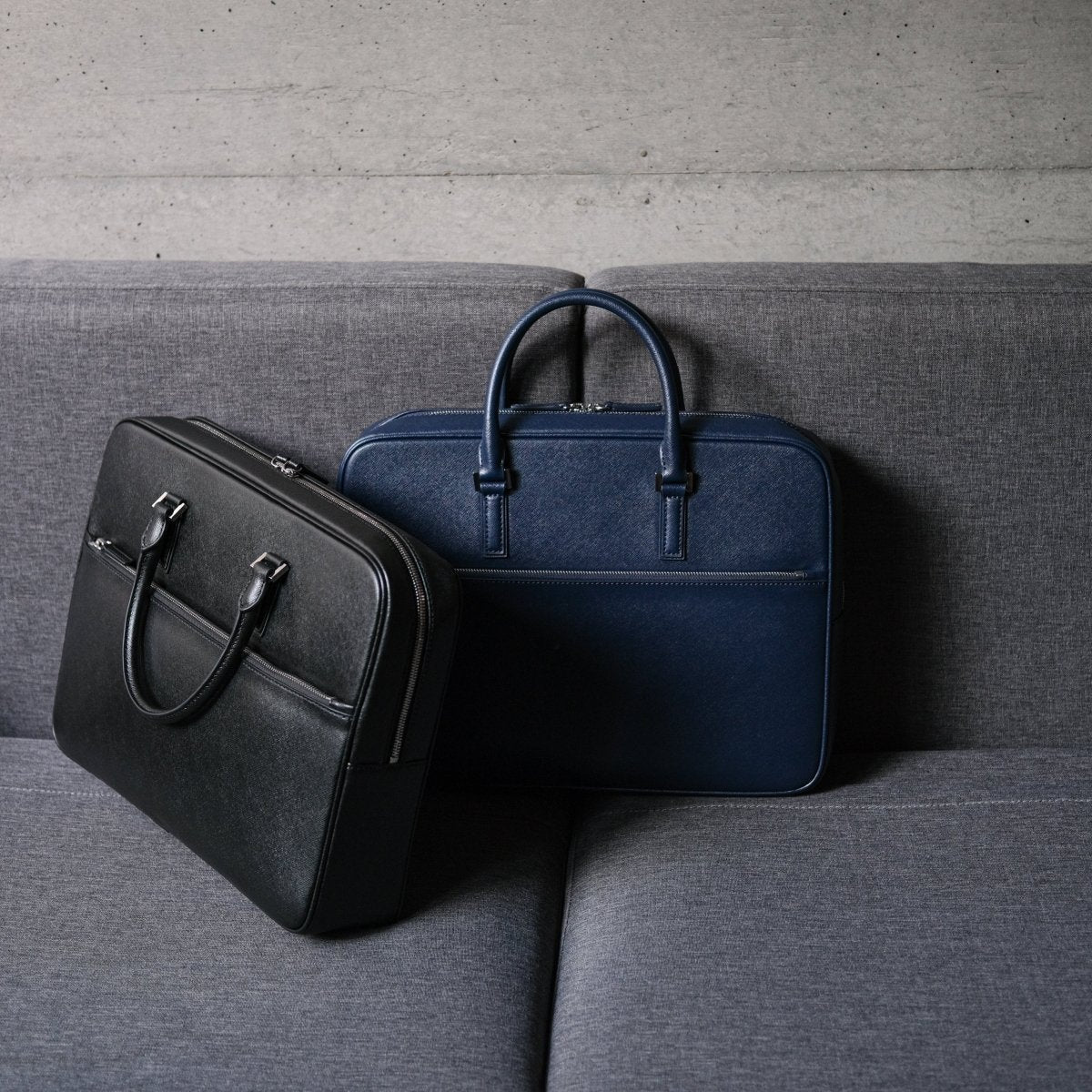 Italian Saffiano Leather Briefcase- Navy (Front-zip) - aucentic